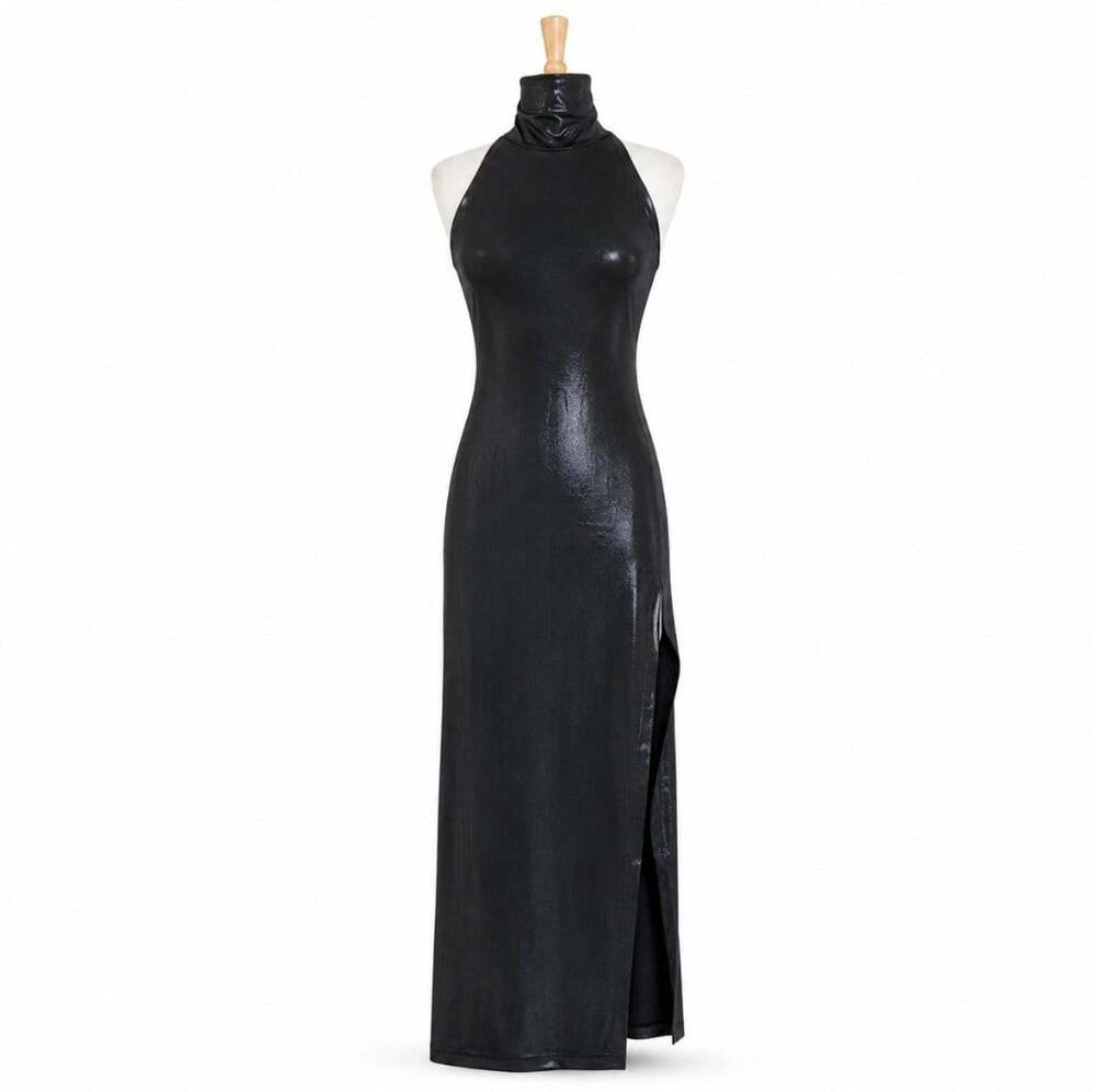 Norma Kamali Halter Turtle Side Slit Gown Dress Black M 38 Maxi Stretch